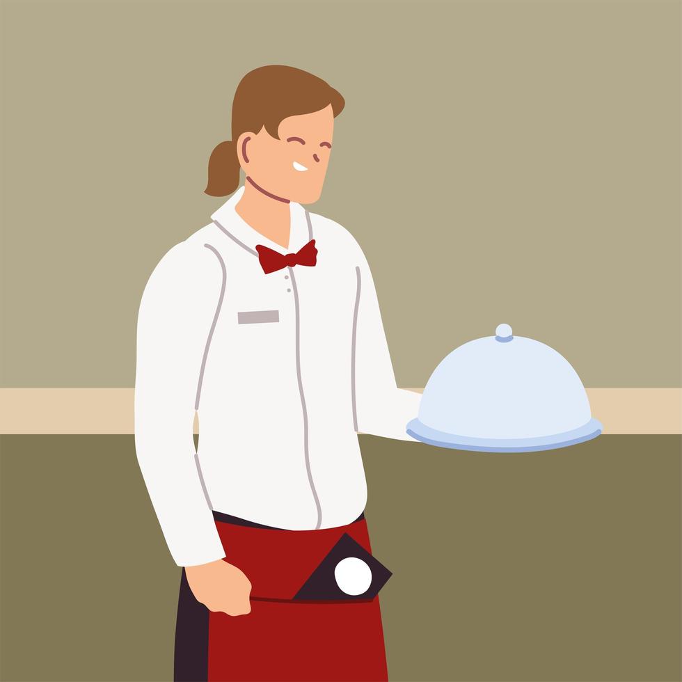 young man waitress with uniform holding tray vector