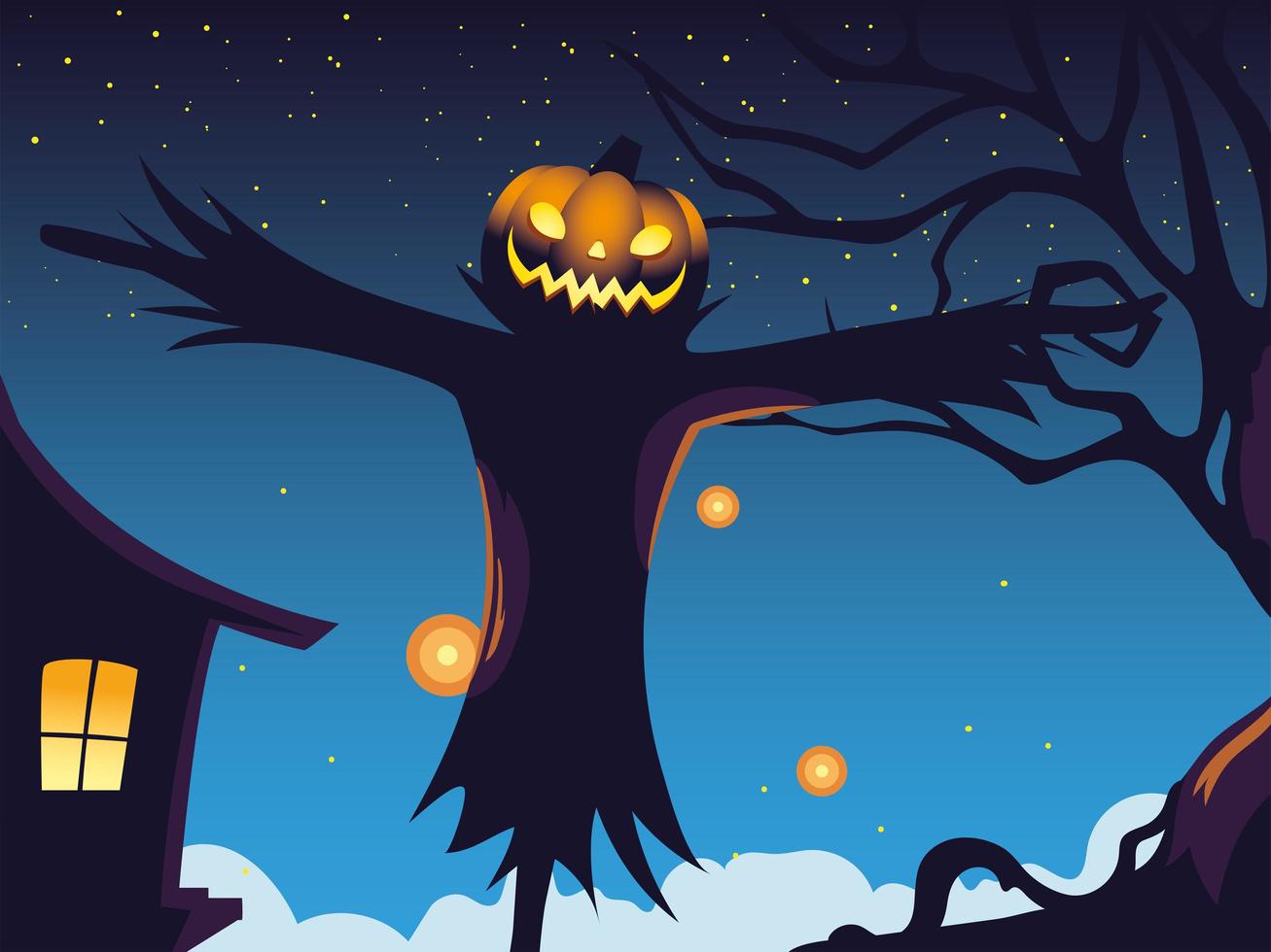 halloween dark night background with scarecrow vector