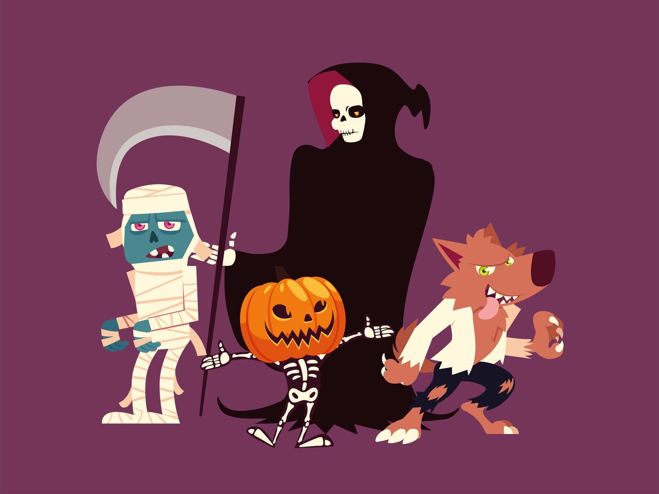 set of characters halloween werewolf, mummy, death, pumpkin and skeleton vector