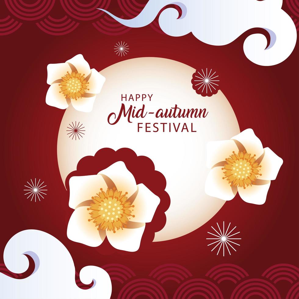 mid autumn festival or moon festival with clouds and flowers vector