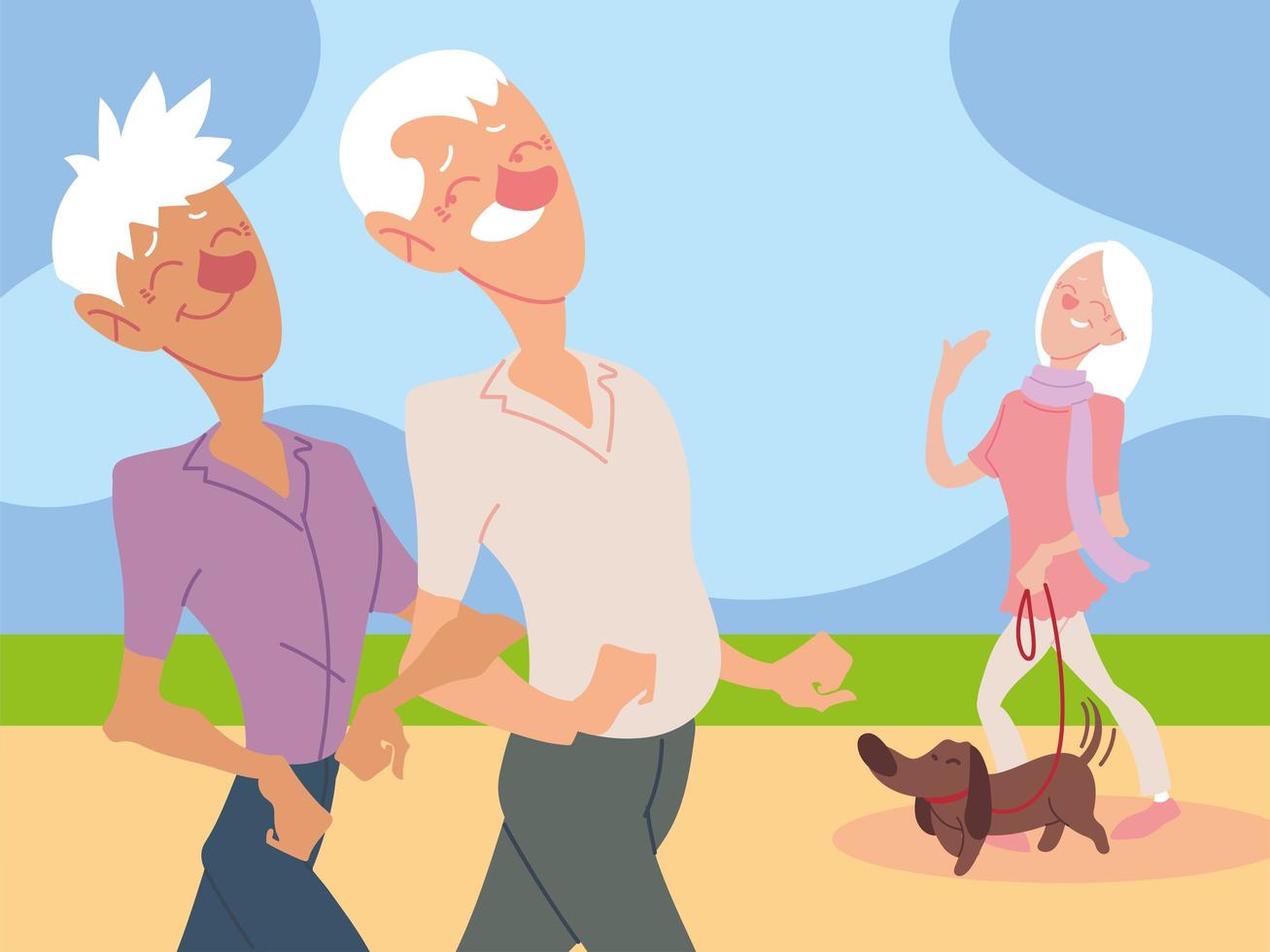 the old people walk and the old woman walks with a dog in the park vector