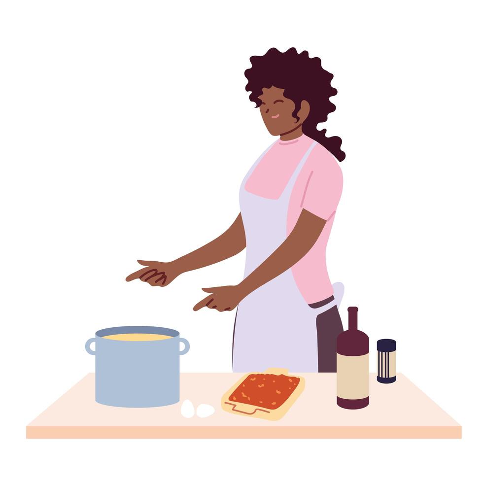 Mujer preparando sopa sobre fondo blanco. vector