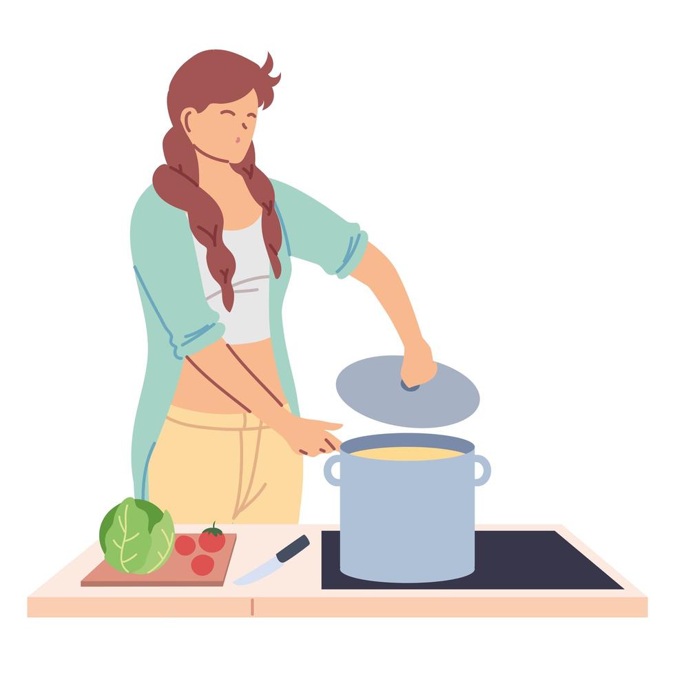 Mujer preparando sopa sobre fondo blanco. vector