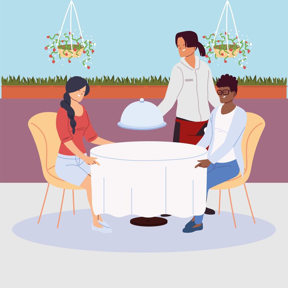 pareja sentada en la mesa del restaurante, camarera sirviendo vector