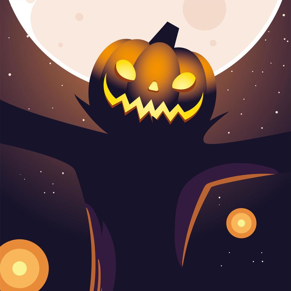 fondo de la noche de halloween con luna llena y espantapájaros vector