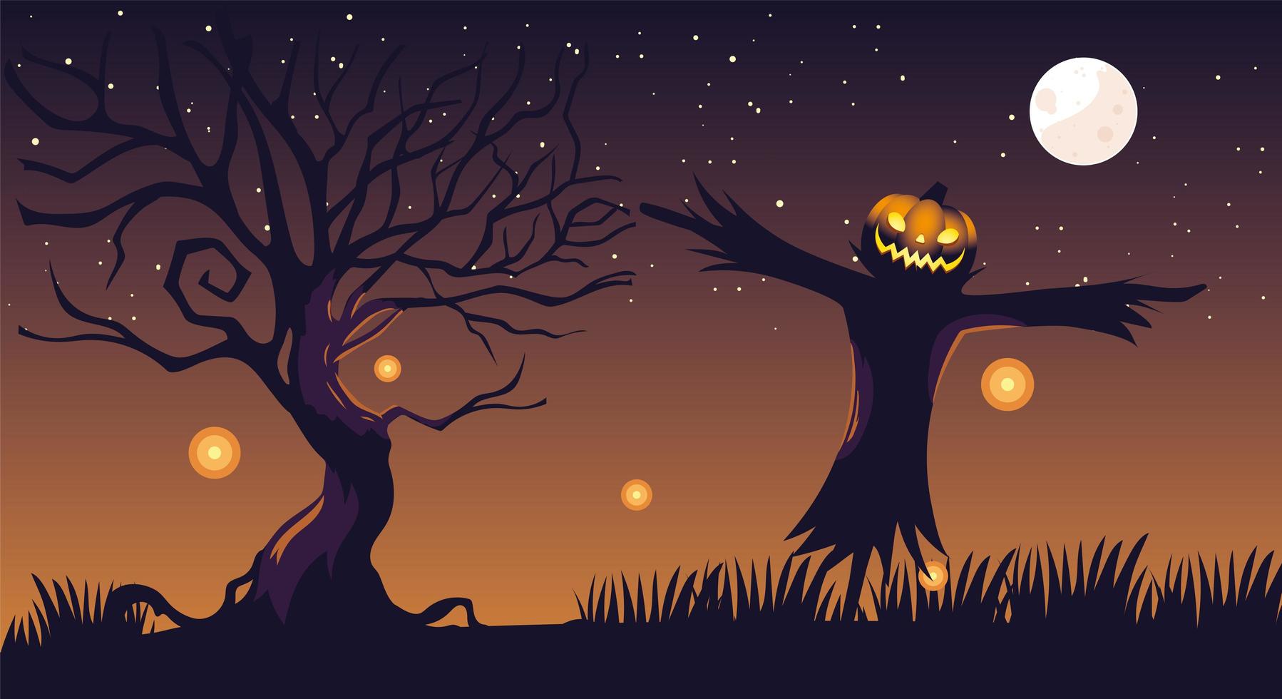 halloween dark night background with scarecrow and full moon vector