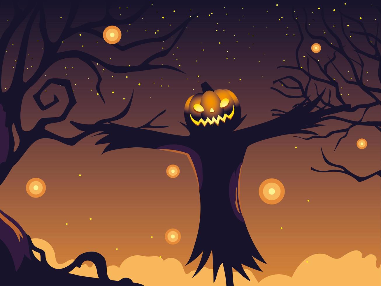 halloween background with scarecrow and pumpkin vector