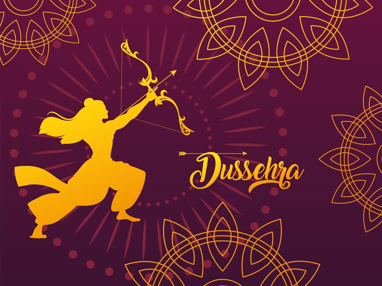 templete with silhouette of the lord rama with bow and arrow, label happy Dussehra vector