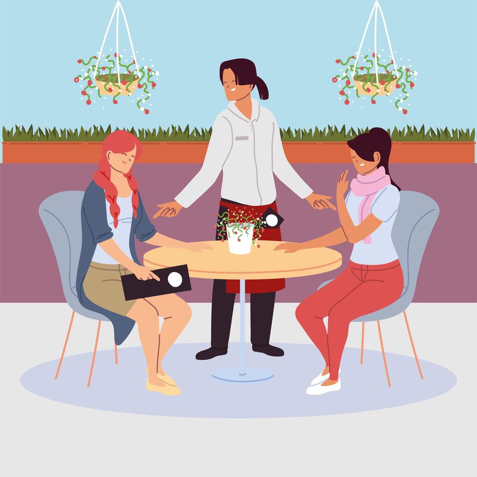 mujeres sentadas en la mesa del restaurante, camarera sirviendo vector