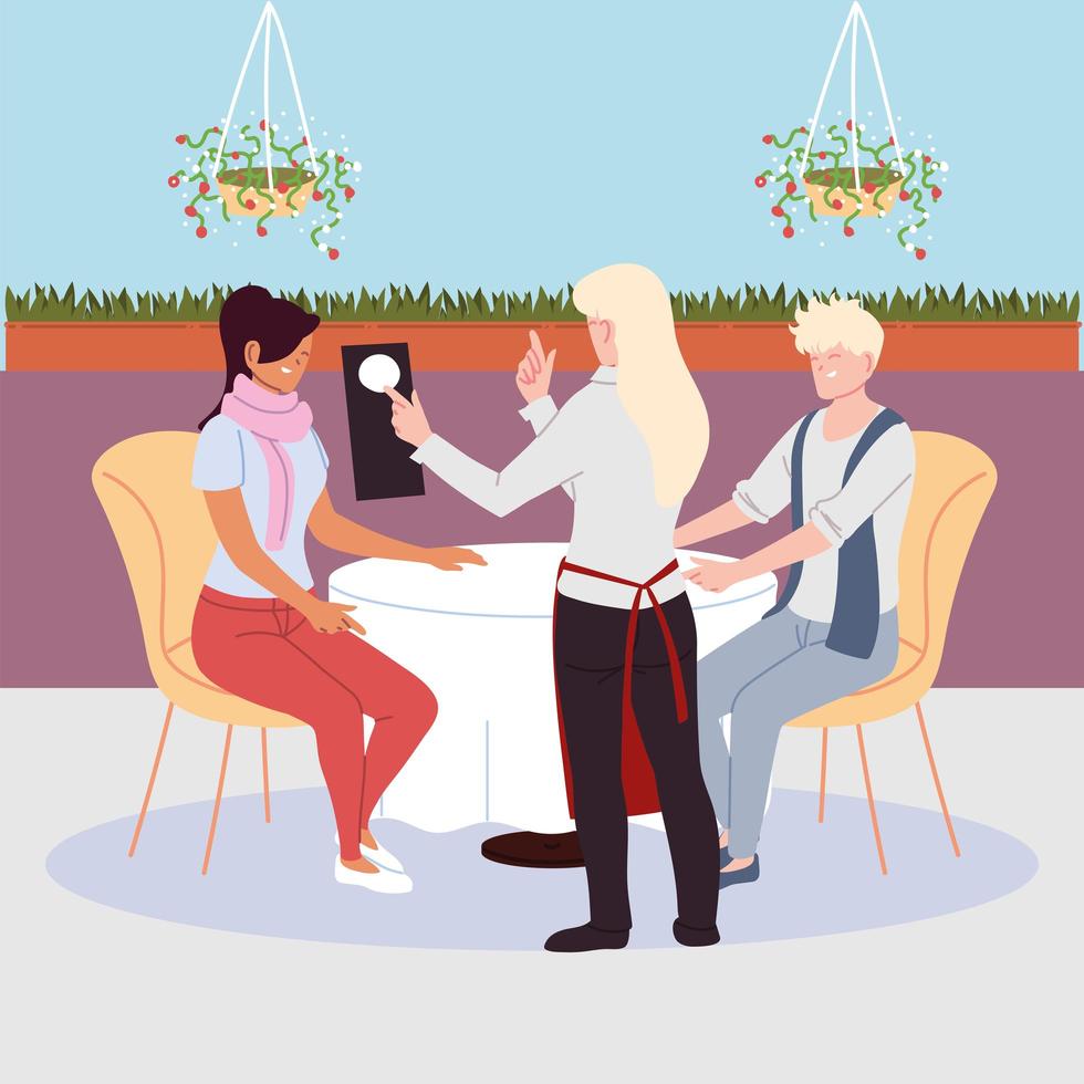 people sitting at the restaurant table, waitress take an order vector