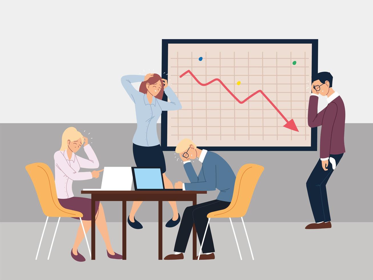 group of people at presentation of decreasing chart, financial crisis or economic problems vector