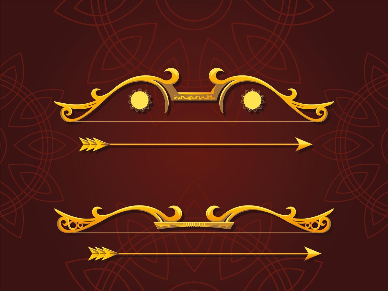 Conjunto de arcos y flechas dorados sobre fondo marrón vector