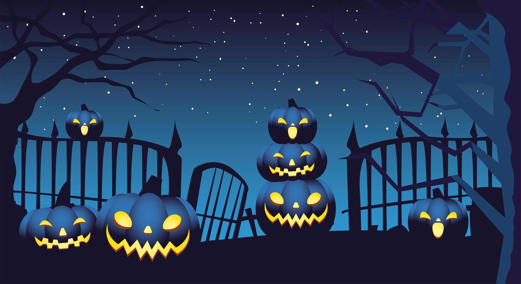 pumpkins on the cemetery in dark background of halloween vector