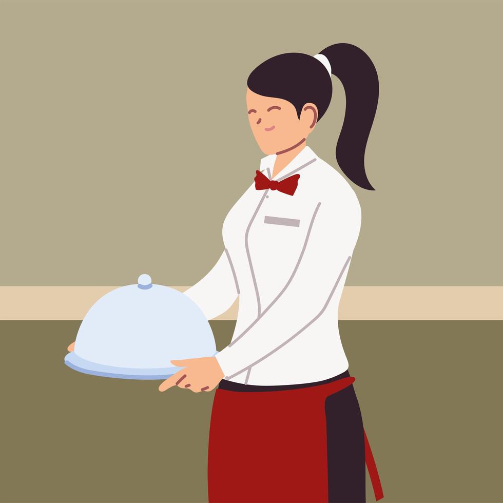 woman waitress with uniform holding tray vector