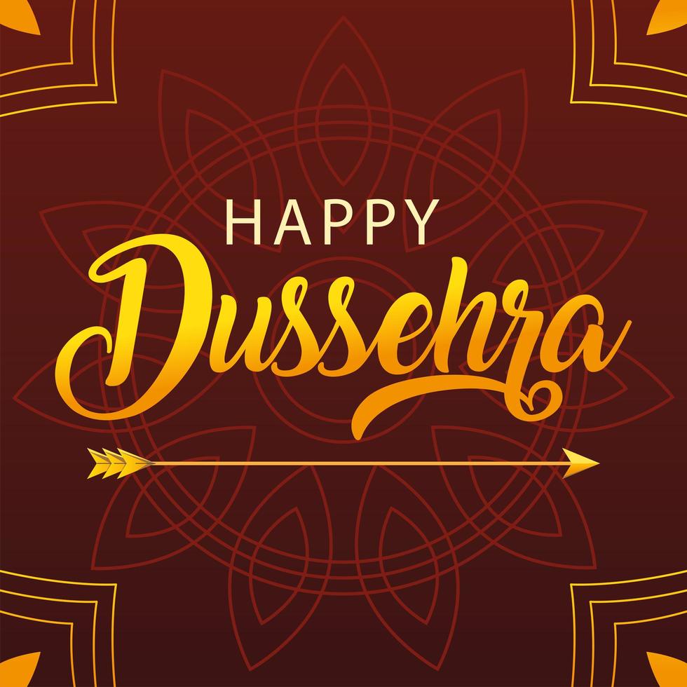 tarjeta feliz dussehra con letras doradas y flecha vector