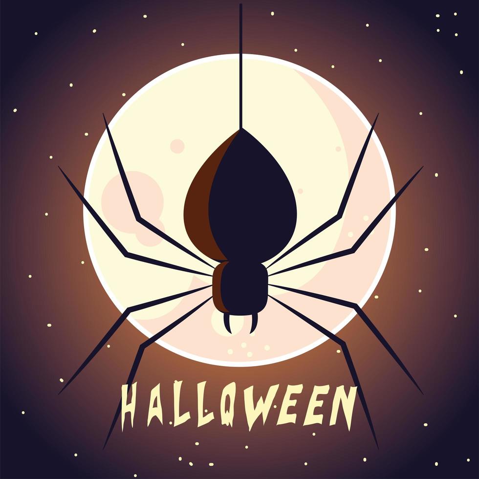 tarjeta de halloween con luna llena y araña vector