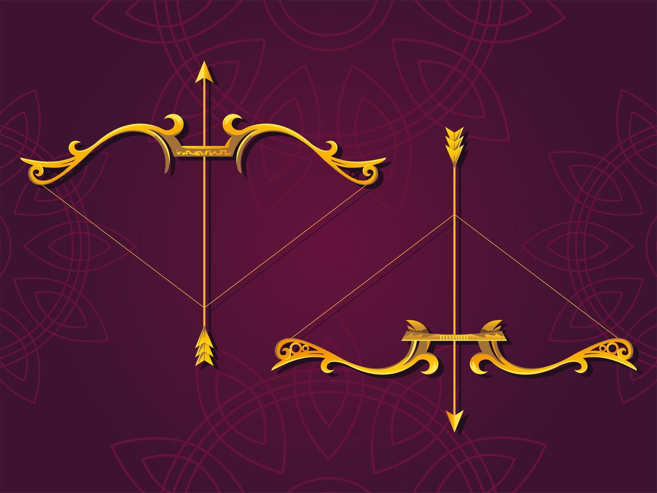 set of golden bows and arrows on brown background vector