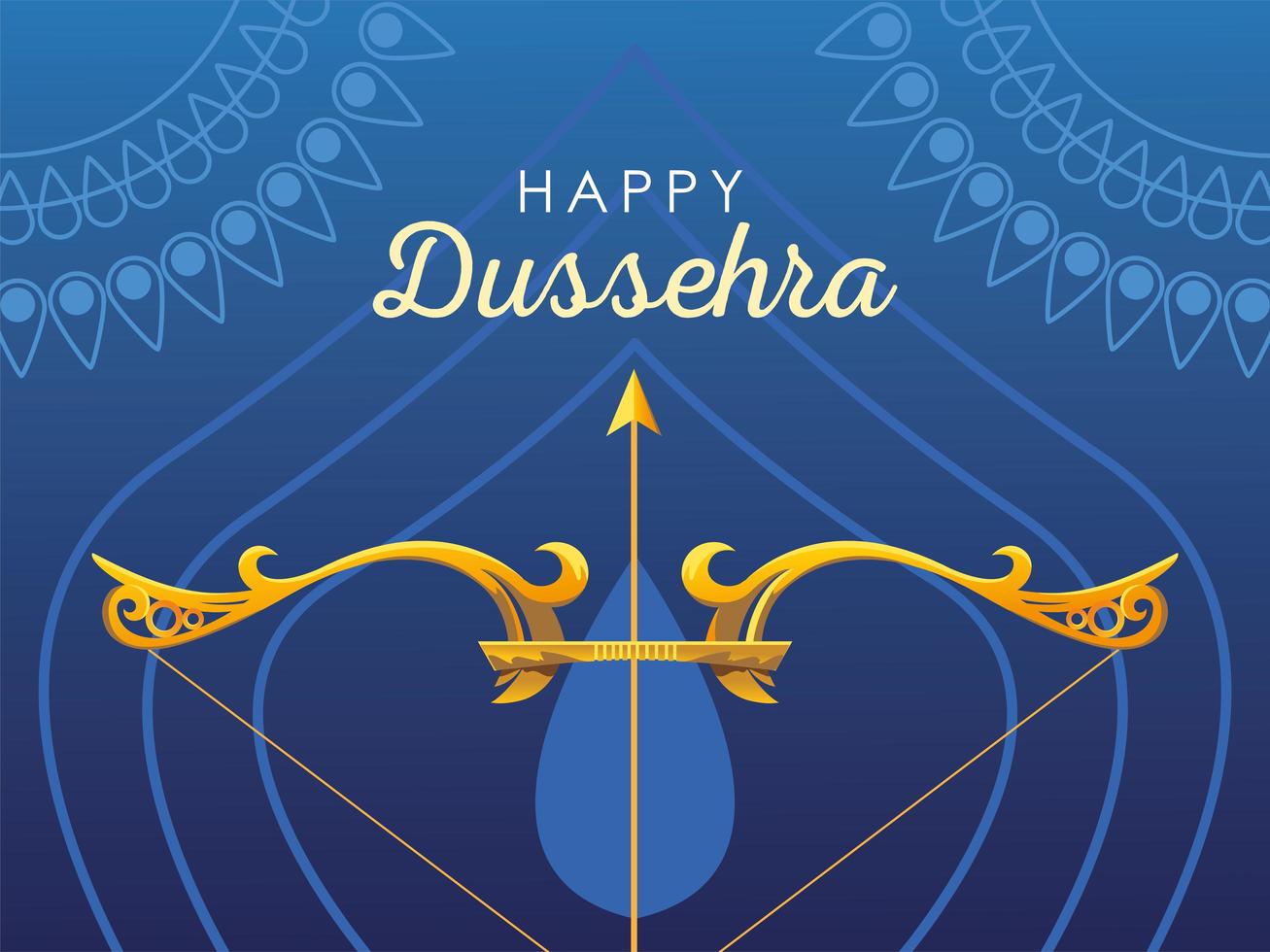 happy Dussehra label with golden bow and arrow vector