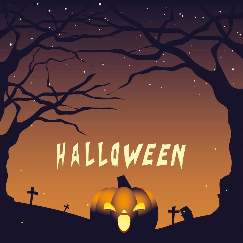 halloween night background with pumpkin and cemetery vector