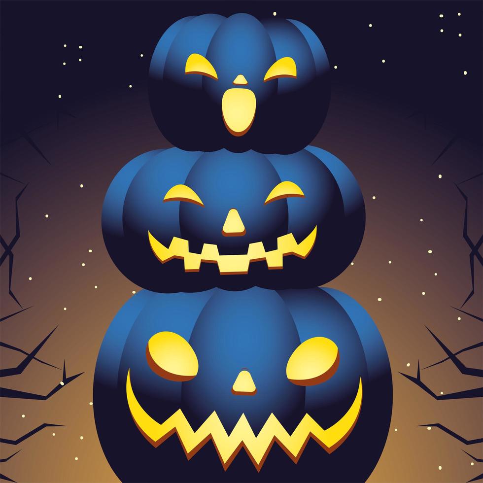 three pumpkins in dark halloween night vector