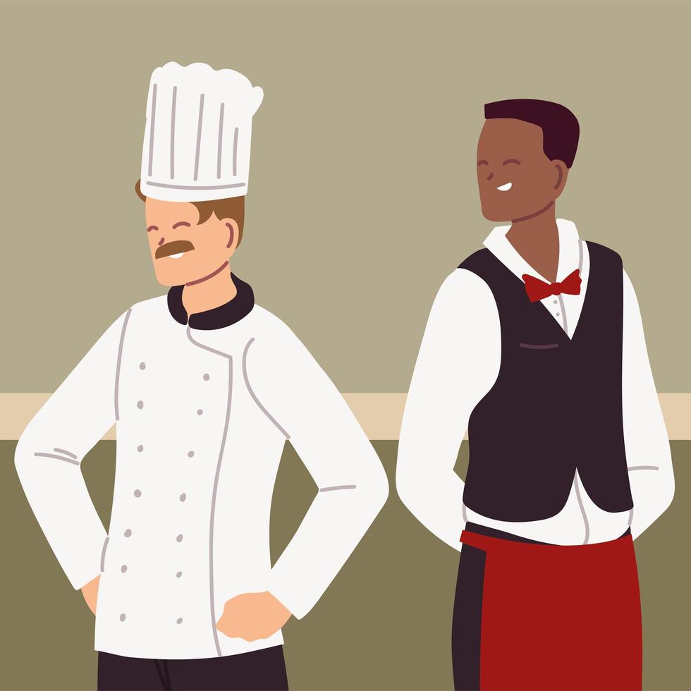 Retrato de chef y camarero en uniforme de trabajo vector