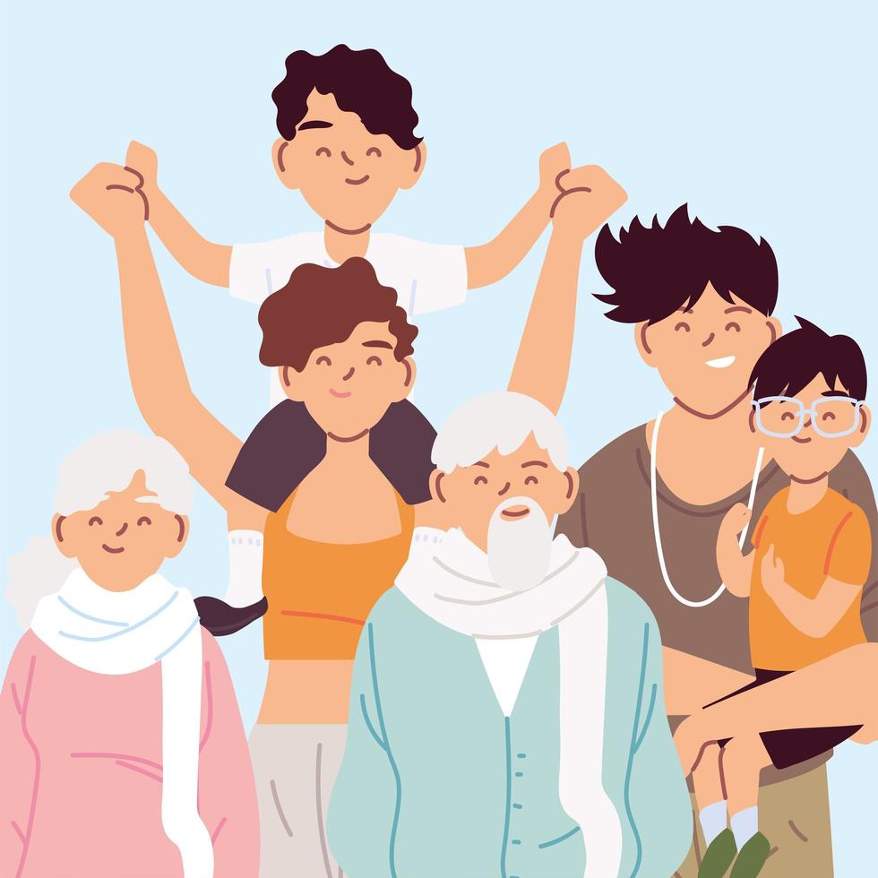 retrato de familia, padres, abuelos e hijos vector