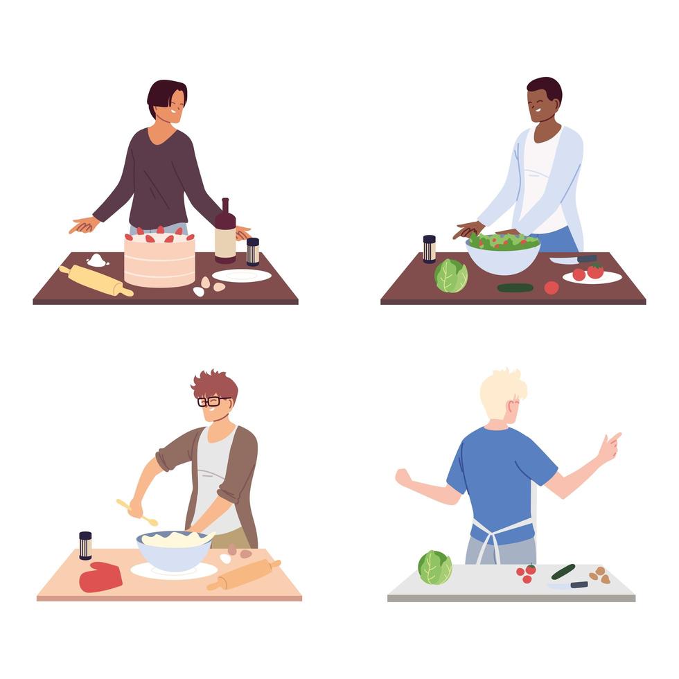 Conjunto de personas preparando comida sobre fondo blanco. vector