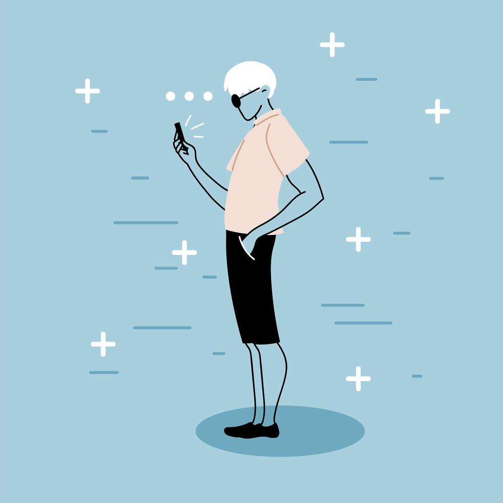 a young man takes a selfie and holds his smartphone in his hand vector