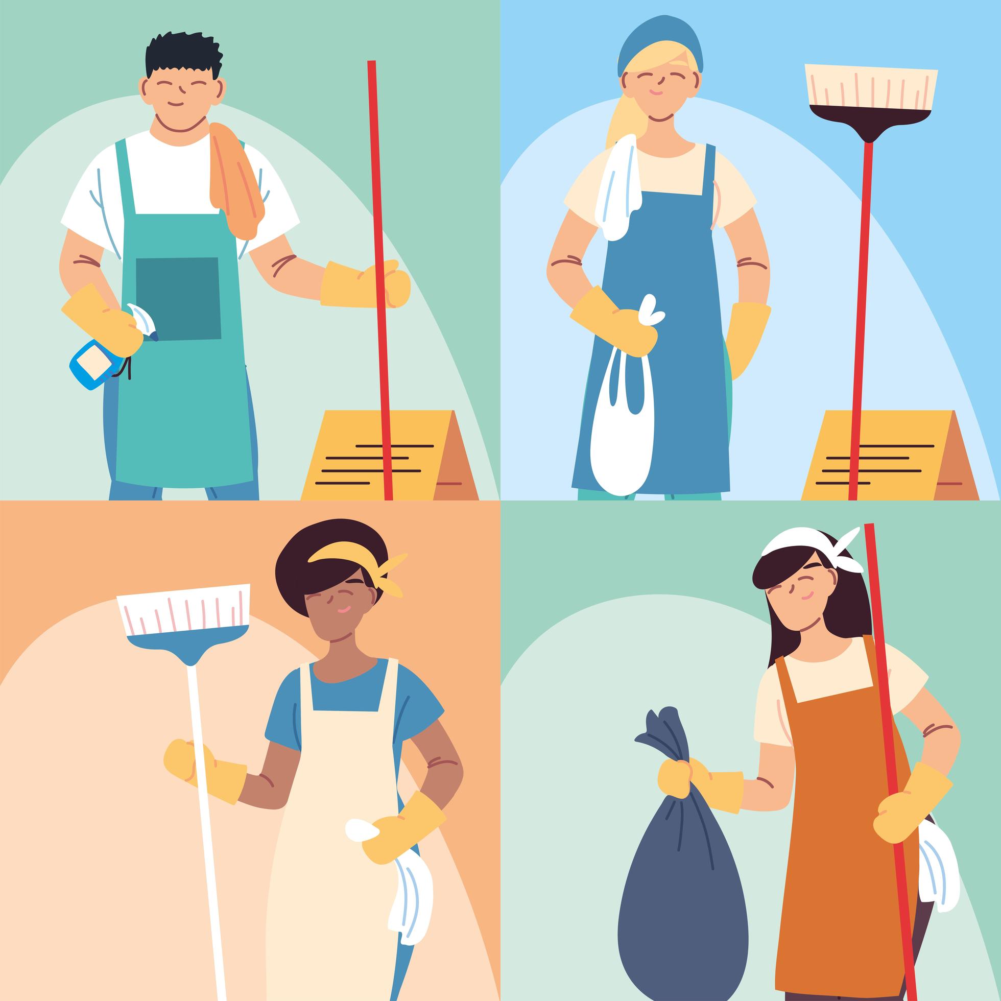 set of cleaning workers, professional cleaning staff, domestic cleaner worker and cleaners