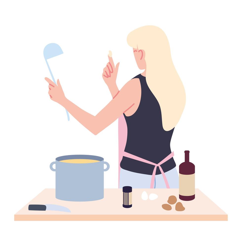 woman preparing soup in white background vector