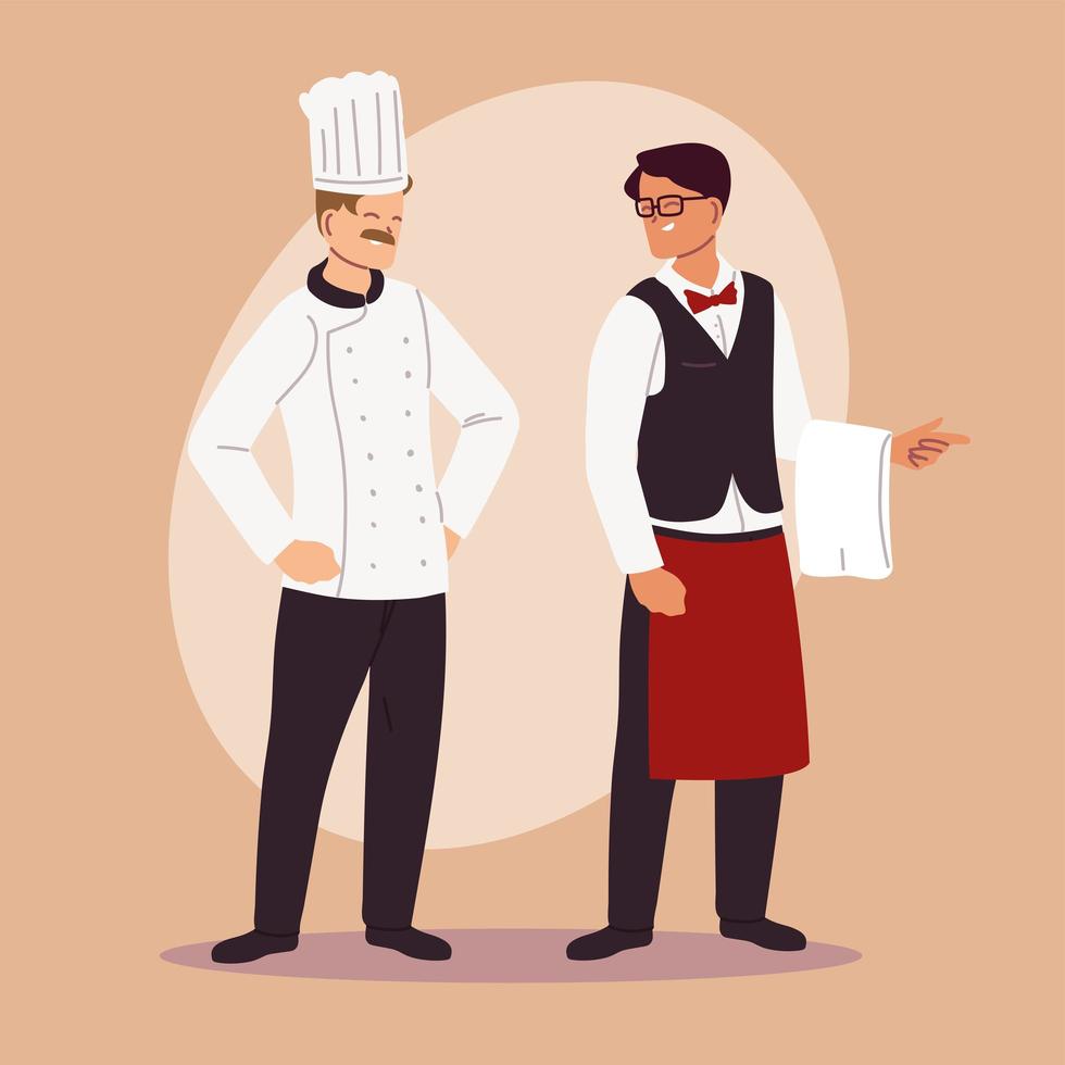 chef y camarero en uniforme de trabajo vector