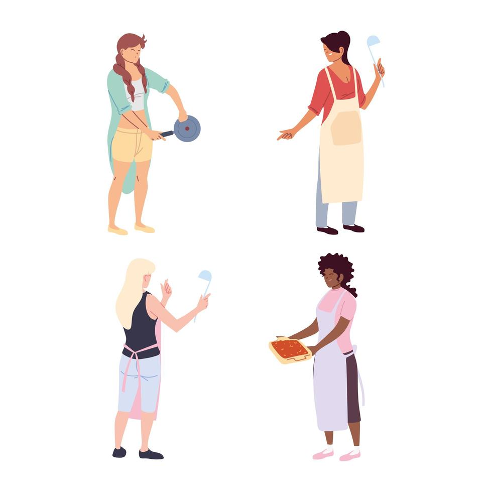 set of women with kitchen utensils on white background vector