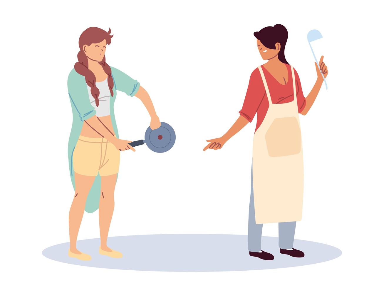 women with kitchen utensils on white background vector