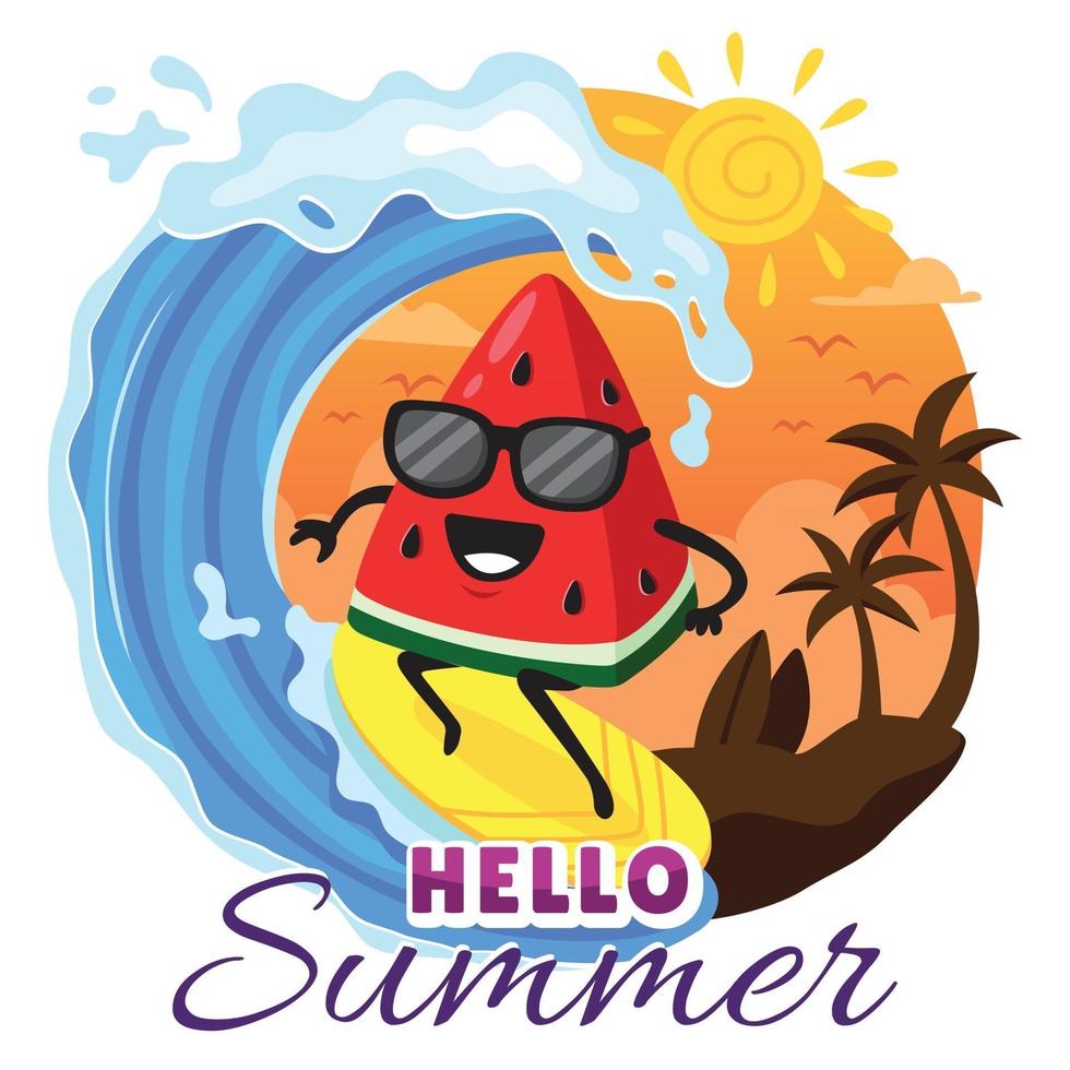 Cute Watermelon Character Surfing on the Beach vector
