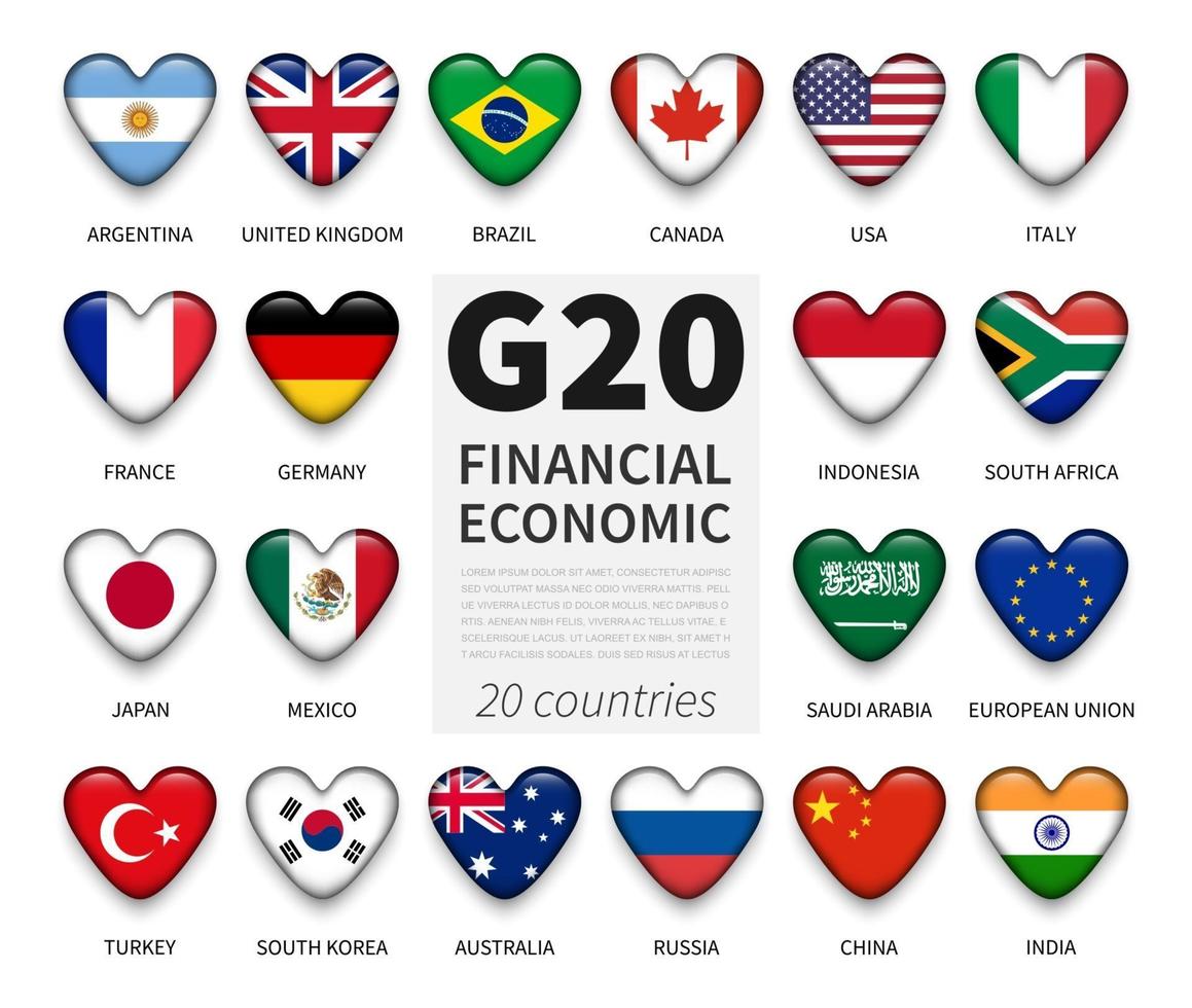 g20. grupo de veinte países y bandera de membresía. asociación internacional de gobierno económico y financiero. Botón de corazón con diseño de elemento de cubierta de vidrio brillante. vector. vector