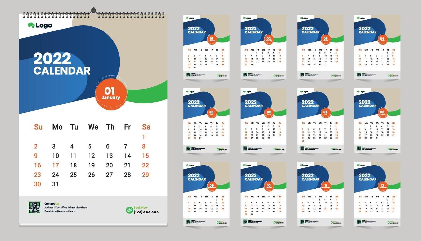 idea de plantilla de diseño de calendario de pared moderno gratis 2022 con vector