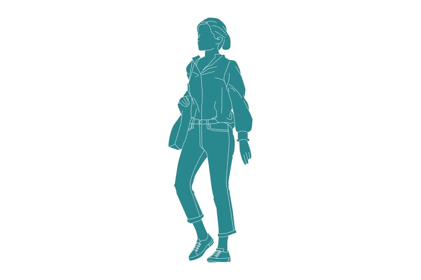 Ilustración vectorial de una mujer caminando casualmente por la calle, estilo plano con contorno vector