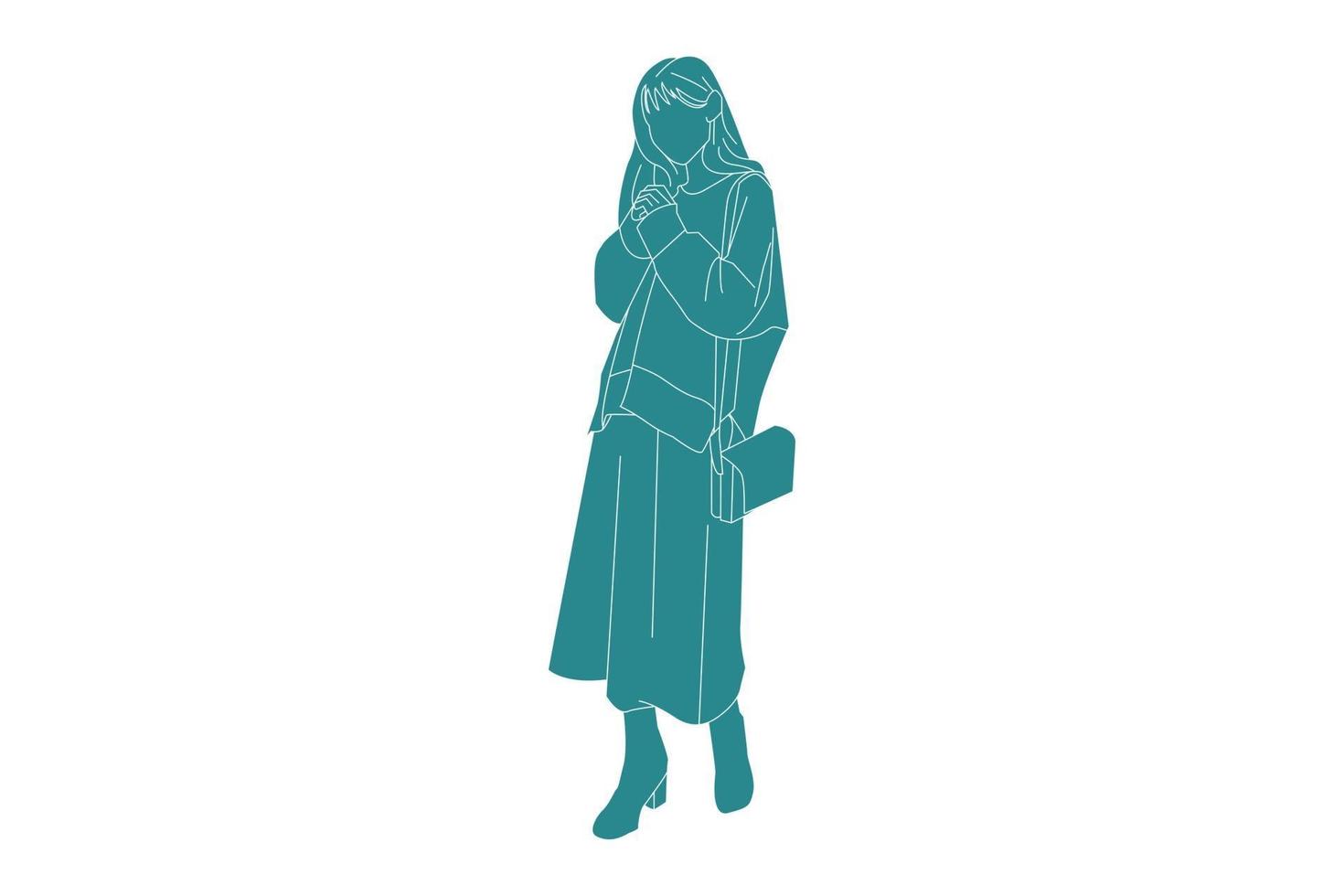 Vector illustration of woman in winter outfit, Flat style with outline