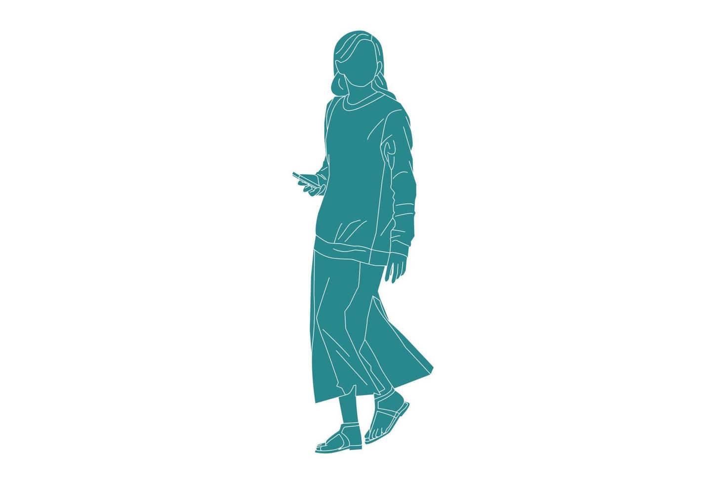 Vector illustration a elegant woman holds her cellphone, Flat style with outline