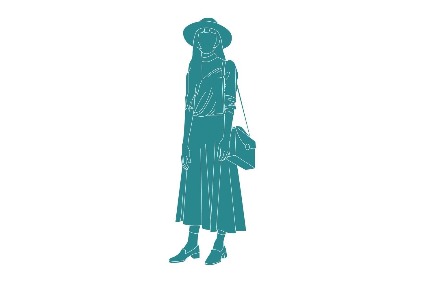 Ilustración vectorial de mujer casual de pie al lado de la carretera, estilo plano con contorno vector