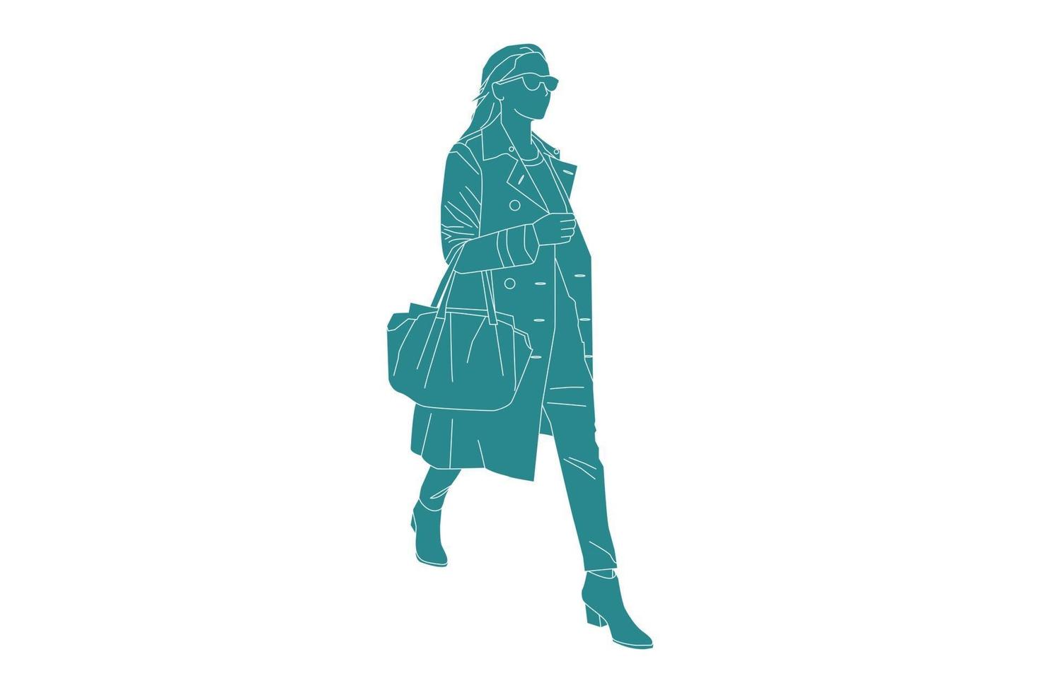 Ilustración vectorial de mujer de moda caminando por la calle lateral, estilo plano con contorno vector