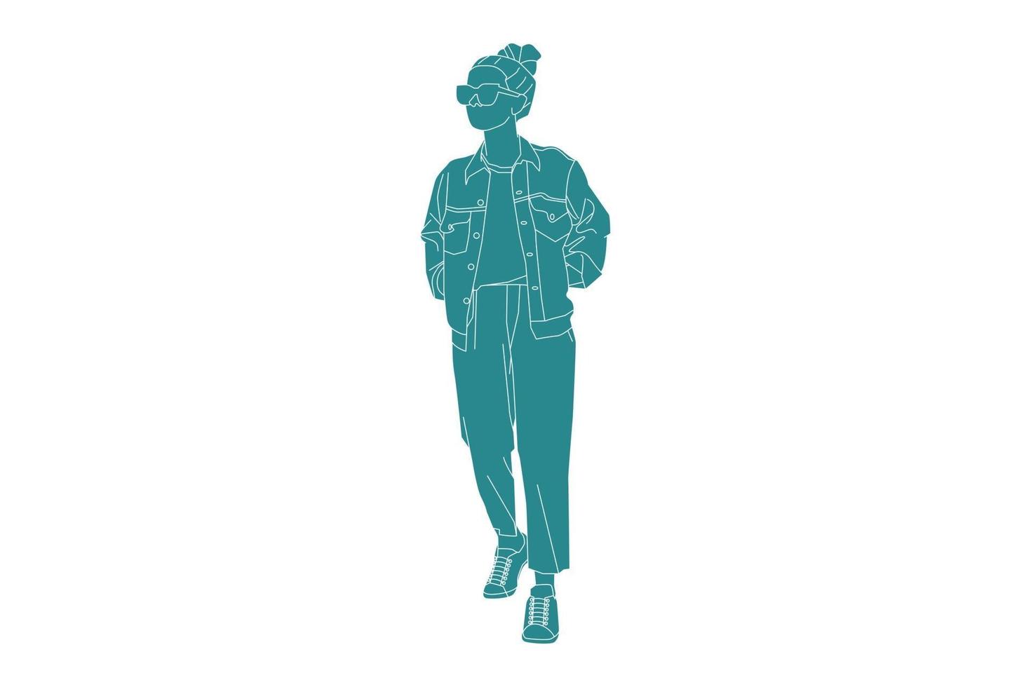 Ilustración vectorial de mujer casual caminando por la calle lateral, estilo plano con contorno vector