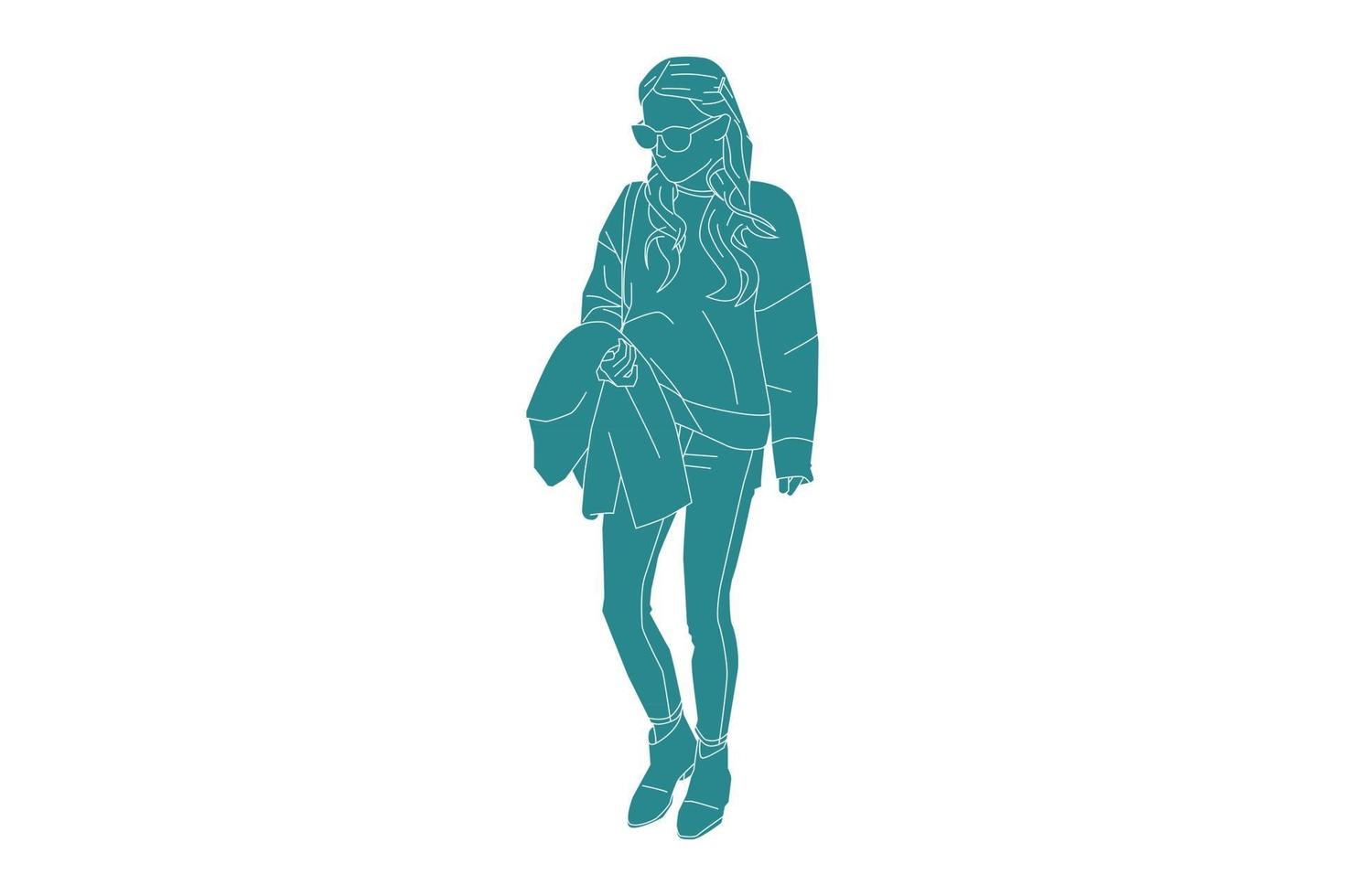 Ilustración vectorial de mujer de moda caminando por la calle lateral, estilo plano con contorno vector