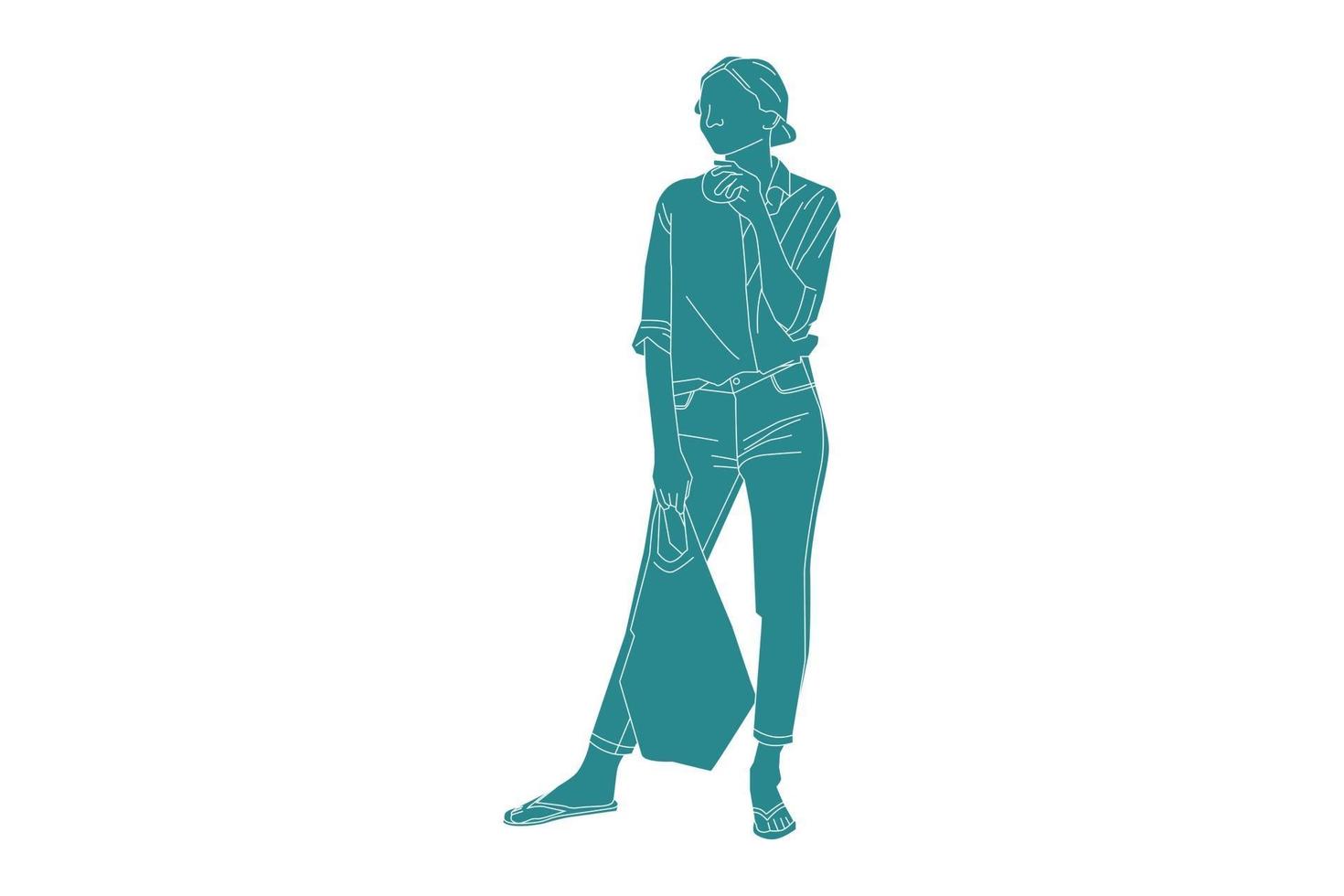 Ilustración vectorial de mujer casual que lleva sus comestibles, estilo plano con contorno vector