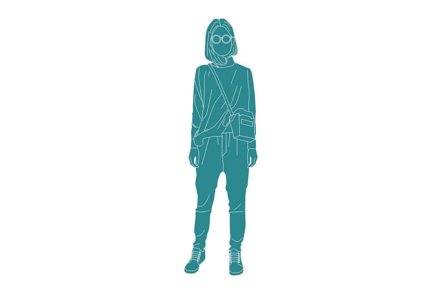 Vector illustration of fashionable woman posing on the sideroad, Flat style with outline