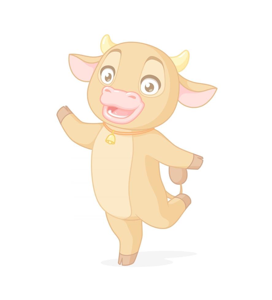 Happy cute cow standing on one leg cartoon vector character
