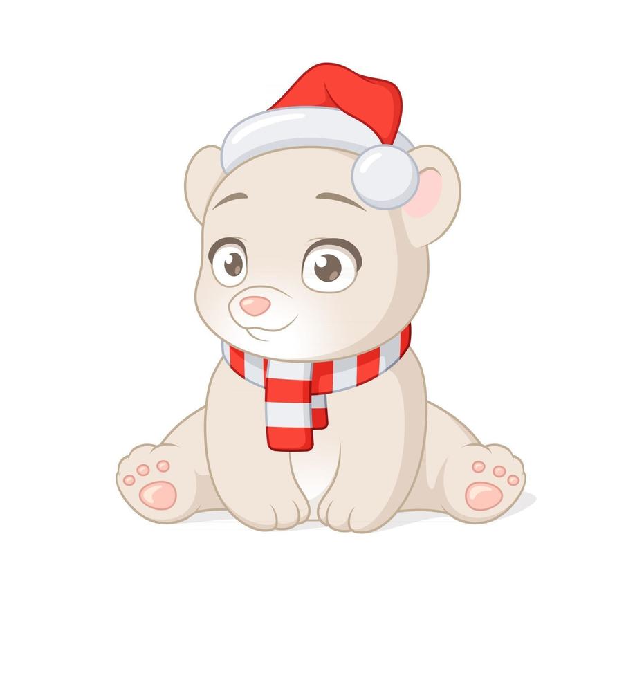 Cute polar baby bear in Christmas Santa Claus hat vector cartoon