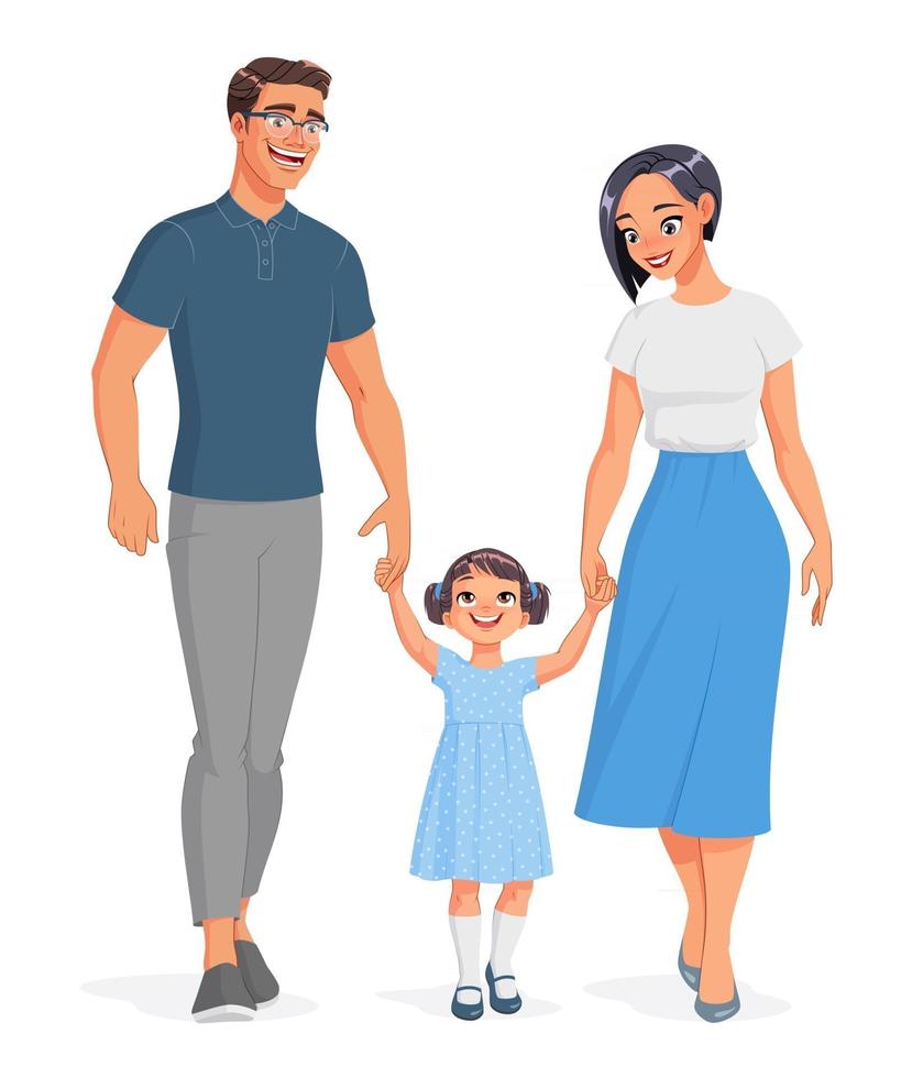 Familia asiática feliz tomados de la mano y caminando ilustración vectorial aislada vector