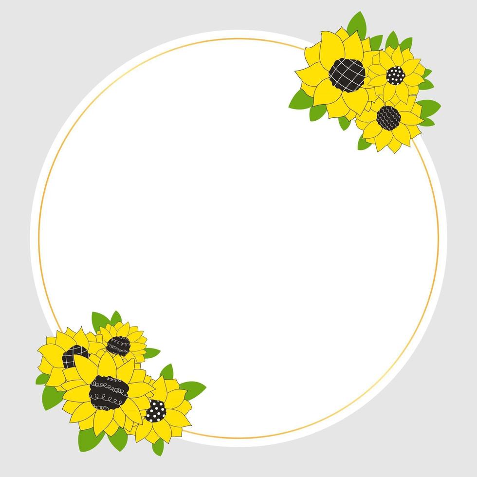 Gold circle frame with sunflowers Flowers for a wedding invitation happy birthday Line vector illustration of doodles