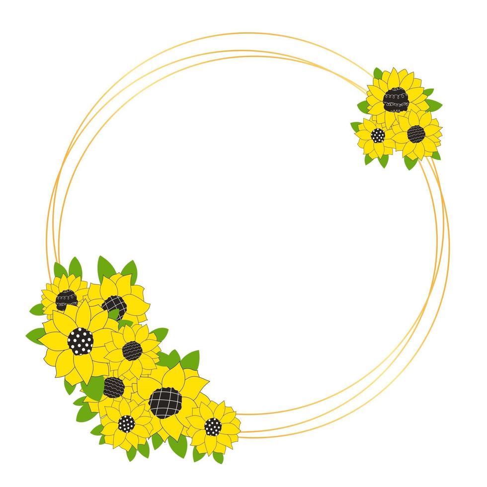 Marco de círculo dorado con flores de girasoles para una invitación de boda feliz cumpleaños línea aislada ilustración vectorial de garabatos vector